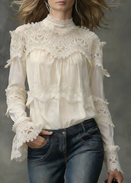 French White Stand Collar Patchwork Lace Shirt Tops Spring
