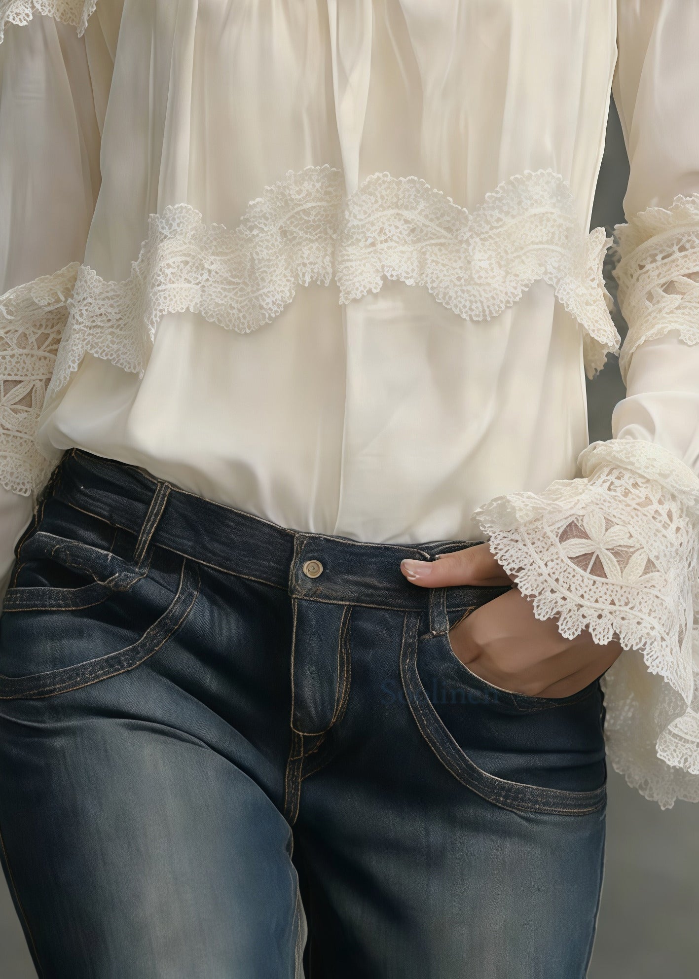 French White Stand Collar Patchwork Lace Shirt Tops Spring