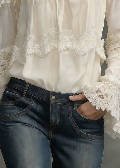 French White Stand Collar Patchwork Lace Shirt Tops Spring