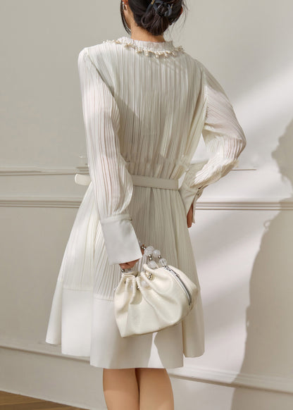 French White Stand Collar Pearl Sashe Long Dress Long Sleeve