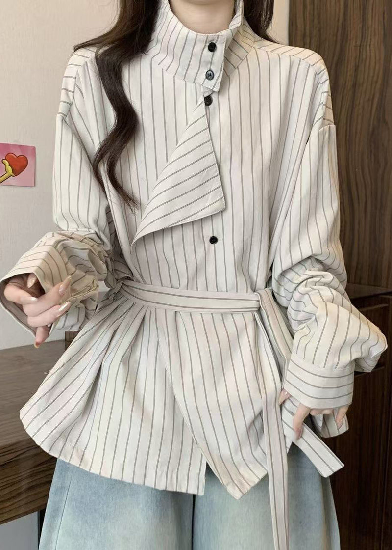 French White Stand Collar Striped Cotton Tunic Coat Spring