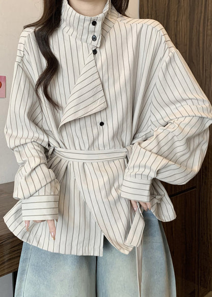 French White Stand Collar Striped Cotton Tunic Coat Spring