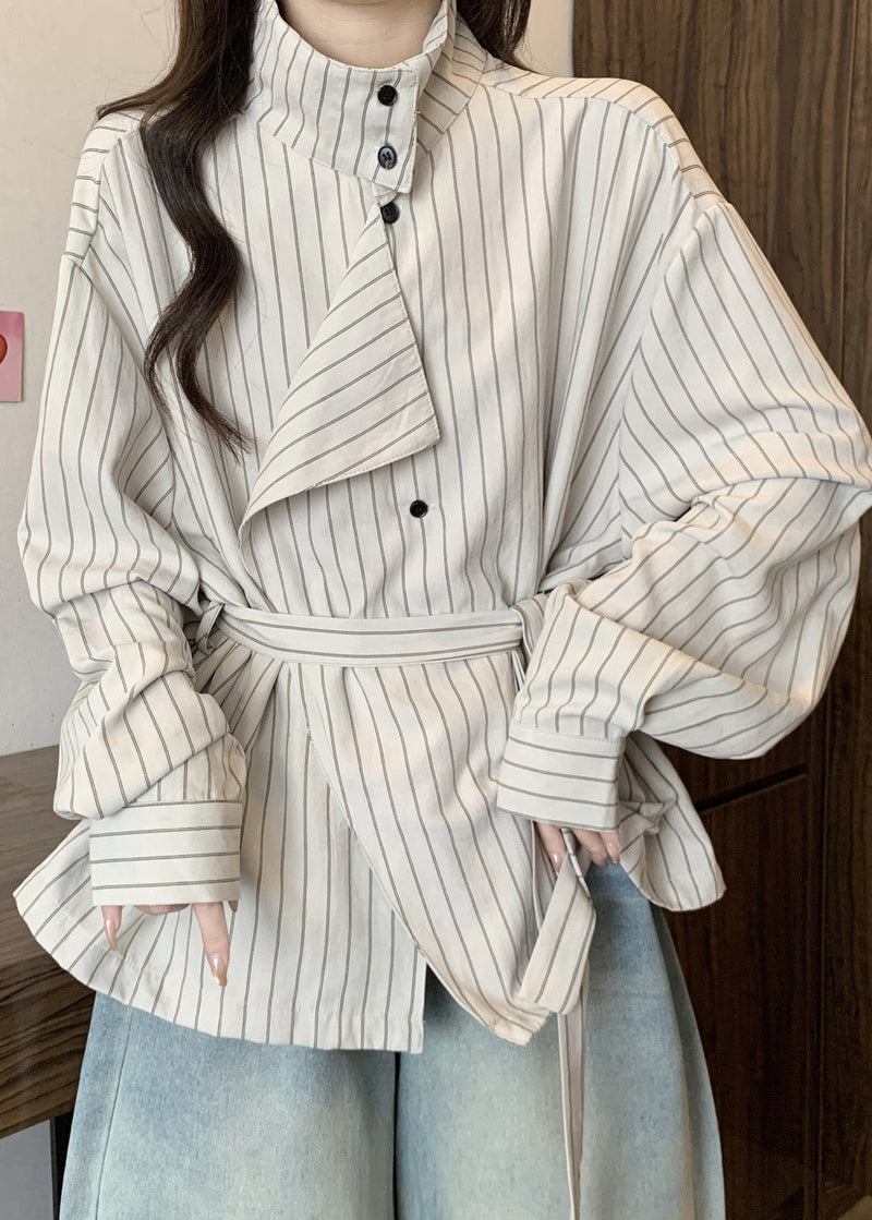 French White Stand Collar Striped Cotton Tunic Coat Spring