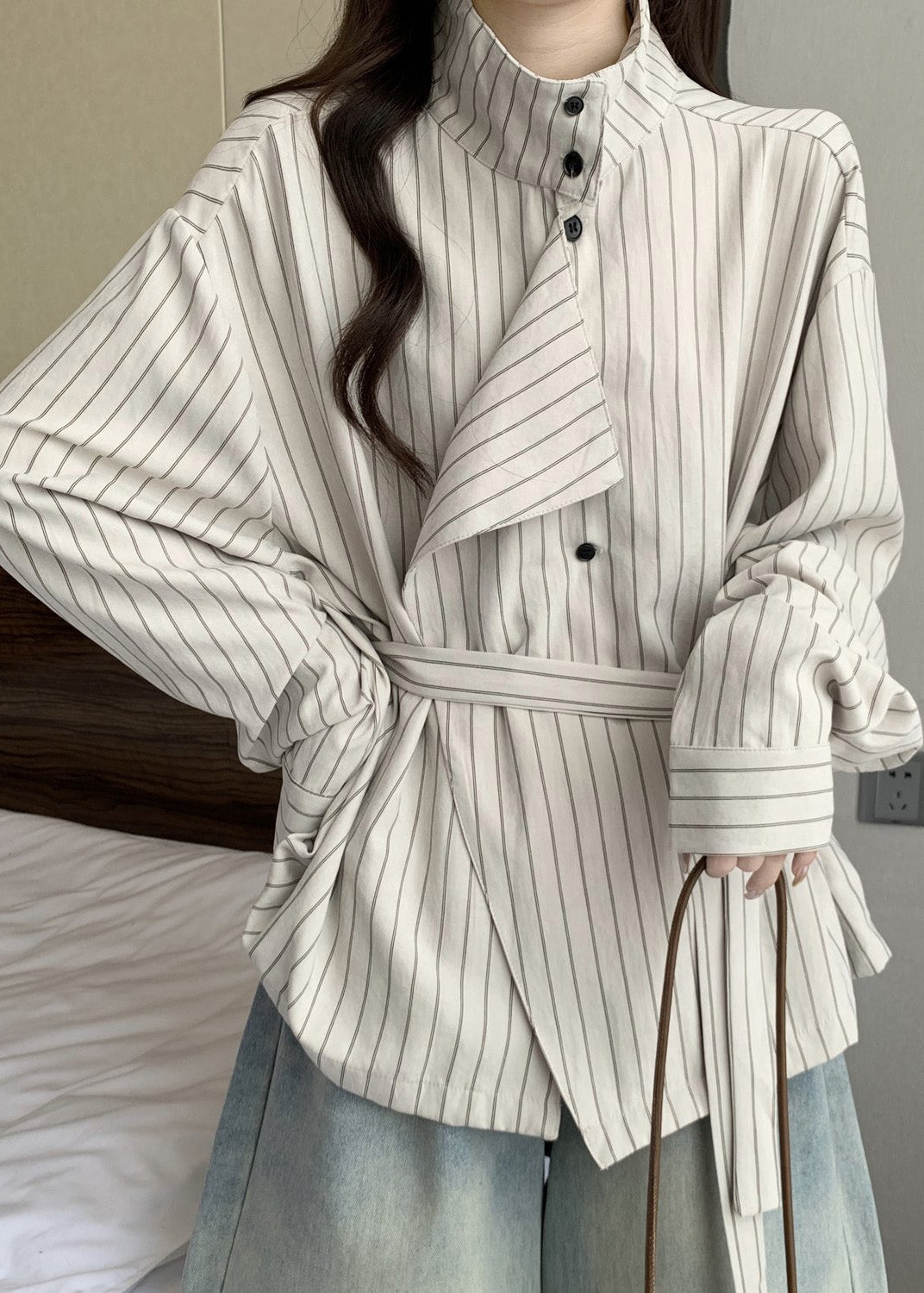 French White Stand Collar Striped Cotton Tunic Coat Spring