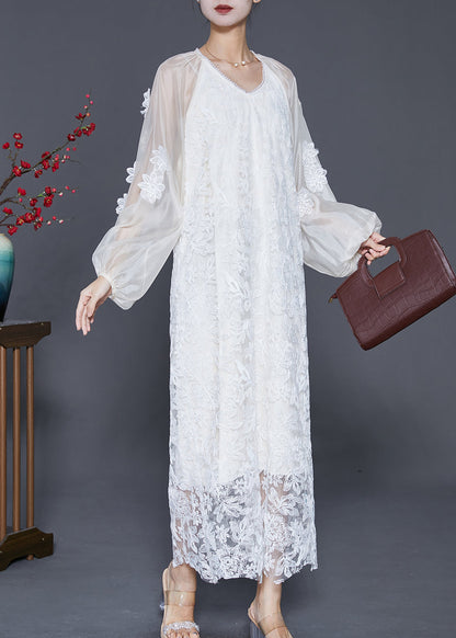 French White Stereoscopic Lace Long Dresses Fall