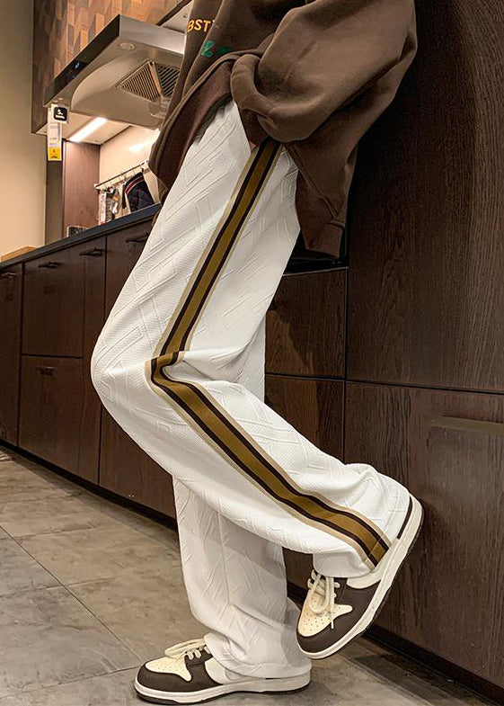 French White Striped Drawstring Cotton Pants Spring