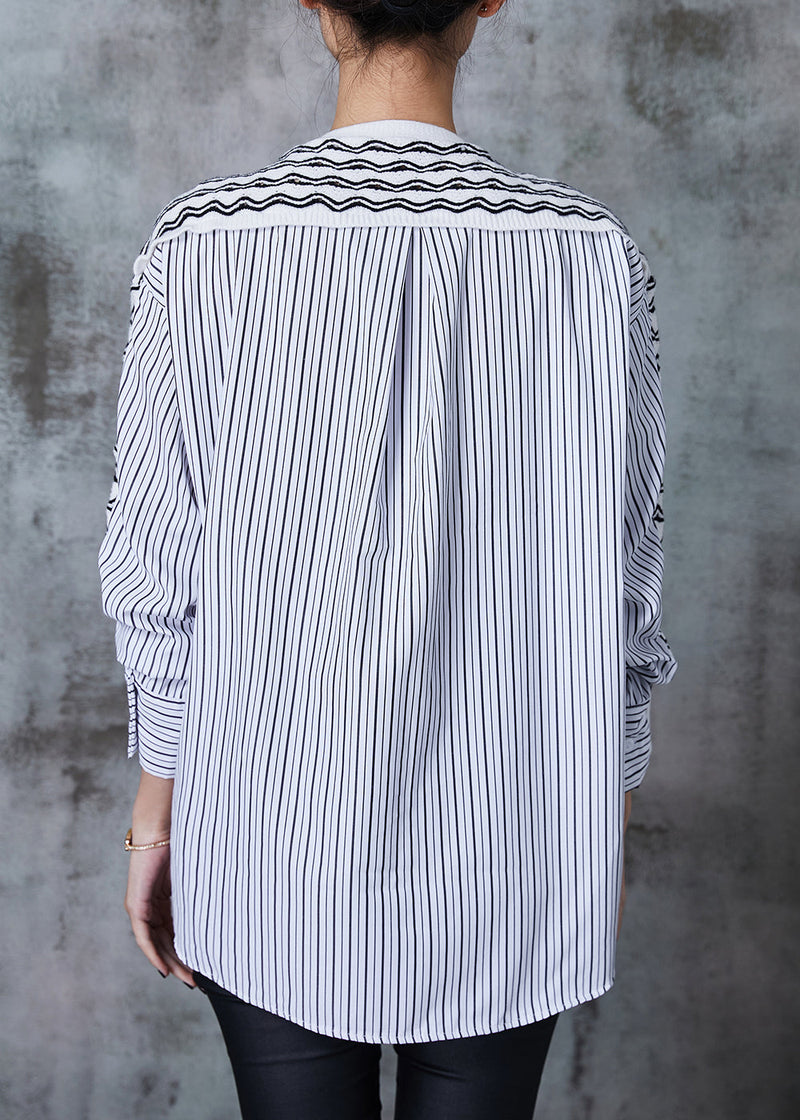 French White Striped Patchwork Cotton Blouse Top Spring
