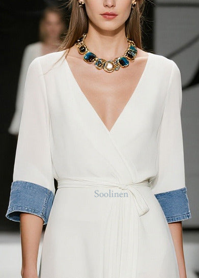 French White Tie Waist Denim Patchwork Chiffon Day Dress Summer