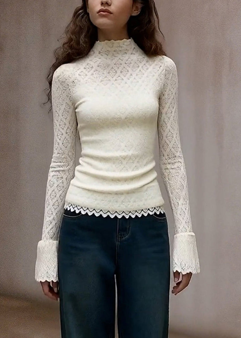 French White Turtleneck Lace T Shirts Flare Sleeve