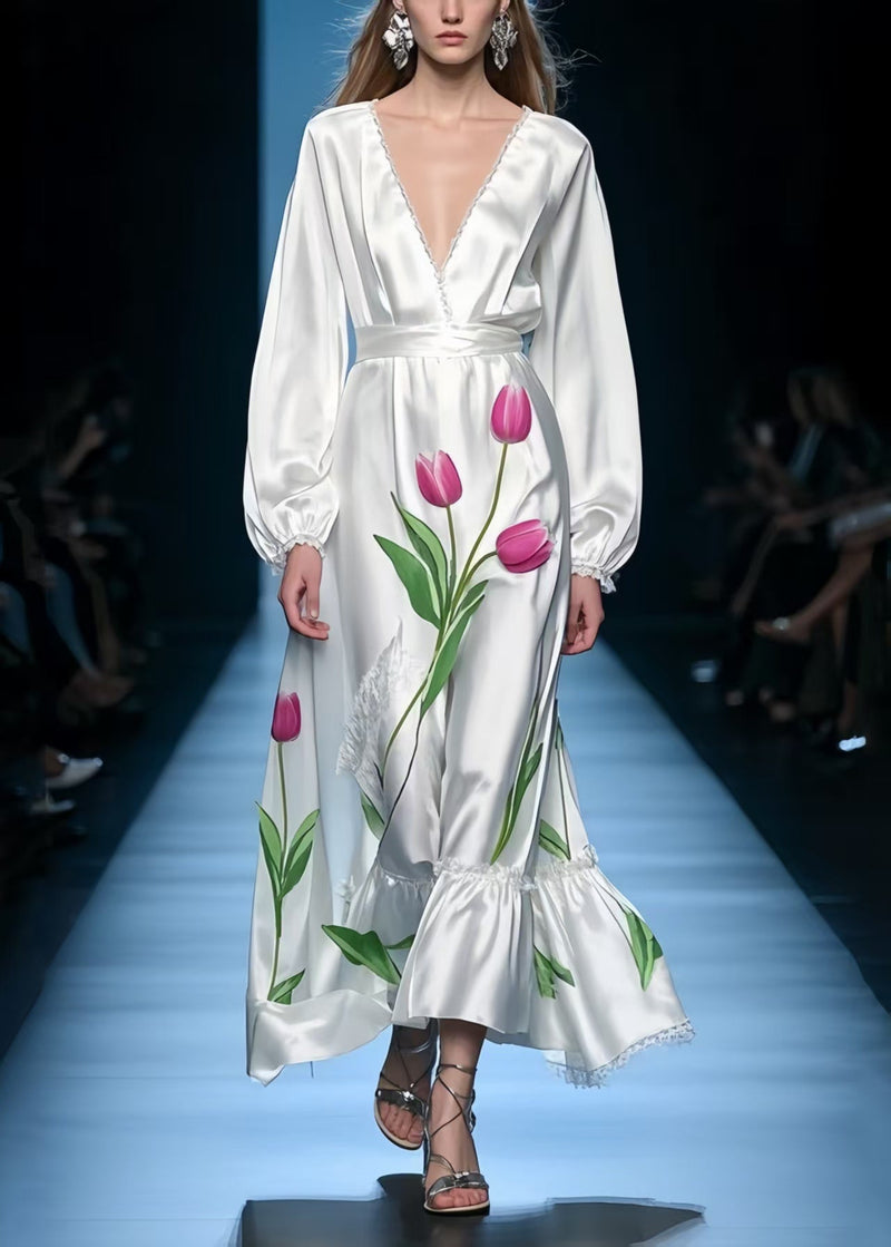 French White V Neck Silk Holiday Dress Spring