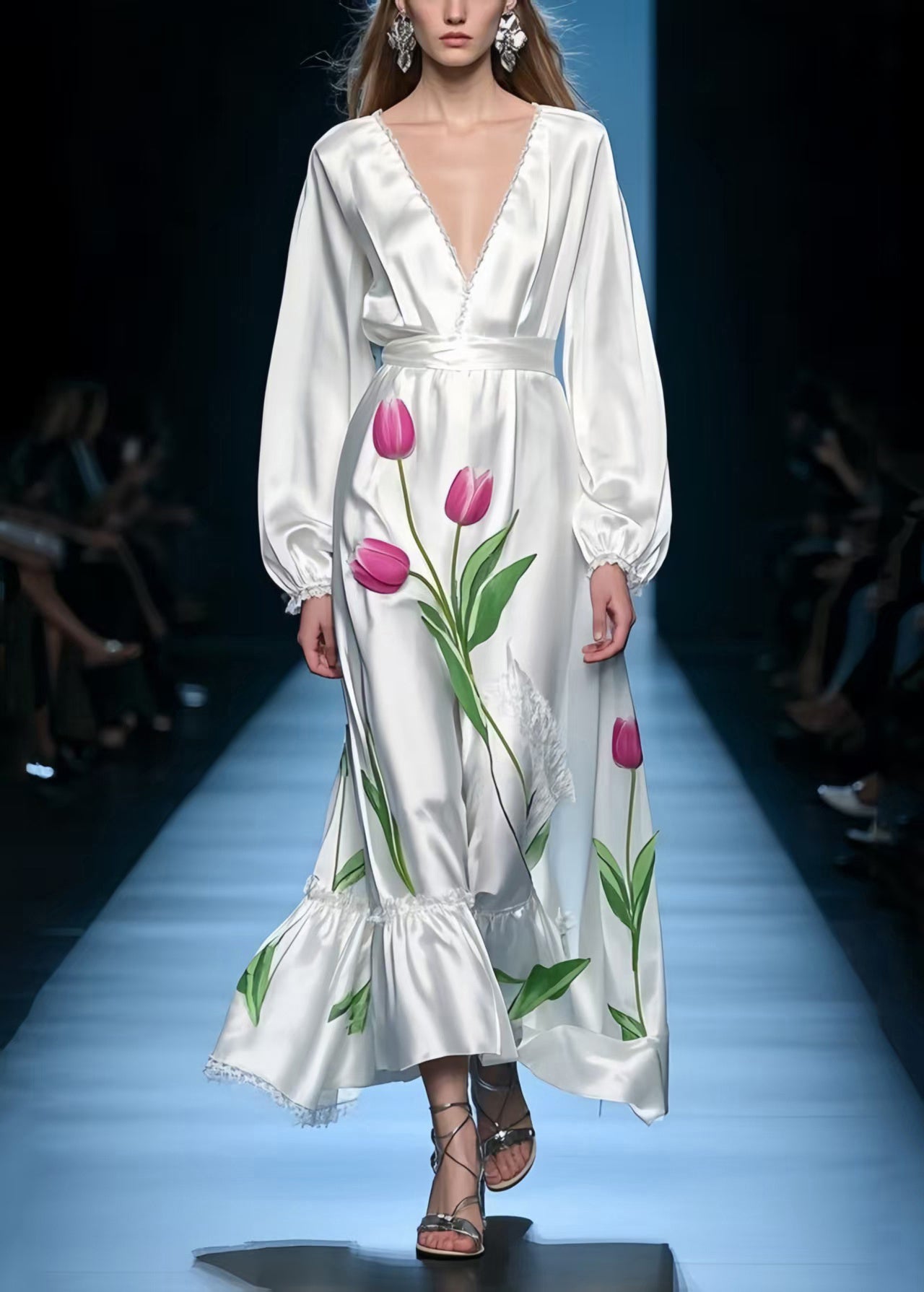 French White V Neck Silk Holiday Dress Spring