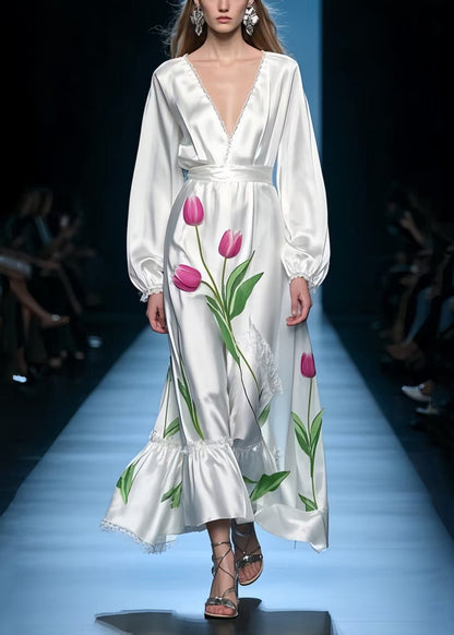 French White V Neck Silk Holiday Dress Spring