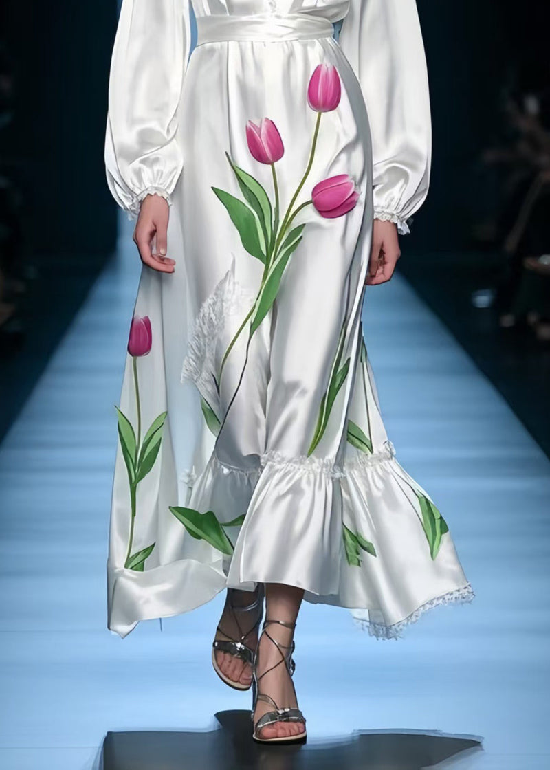 French White V Neck Silk Holiday Dress Spring