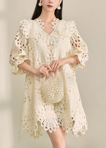 French White V Neck Hollow Out Holiday Mid Dress Fall