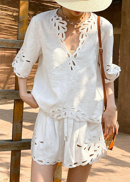 French White V Neck Hollow Out Tops and Shorts Linen Two Pieces Set Half Sleeve