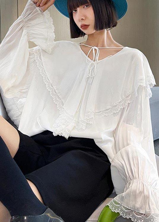 French White V Neck Patchwork Cotton Flare Sleeve Shirt Top