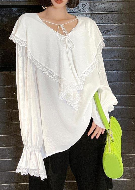 French White V Neck Patchwork Cotton Flare Sleeve Shirt Top