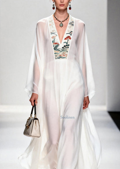 French White V Neck Print Chiffon Long Dresses Summer