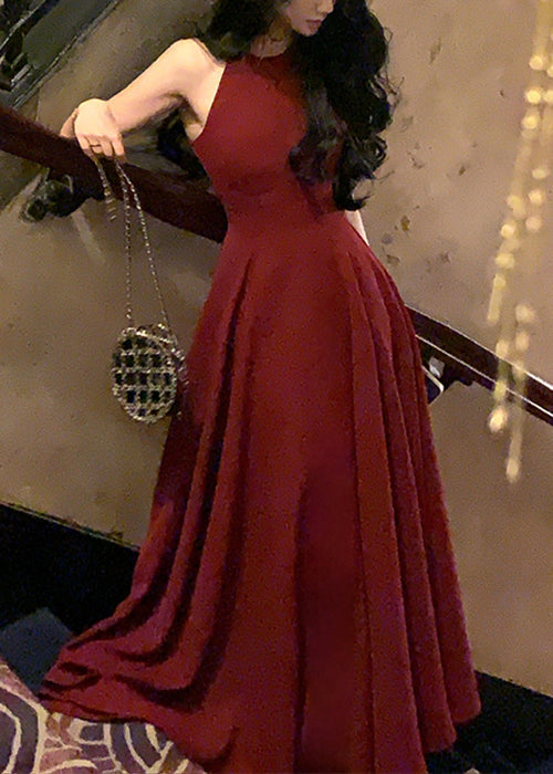 French Wine Red Zippered Cotton Long Dresses Sleeveless