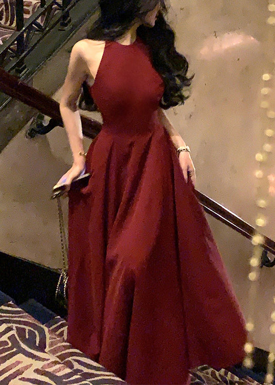 French Wine Red Zippered Cotton Long Dresses Sleeveless