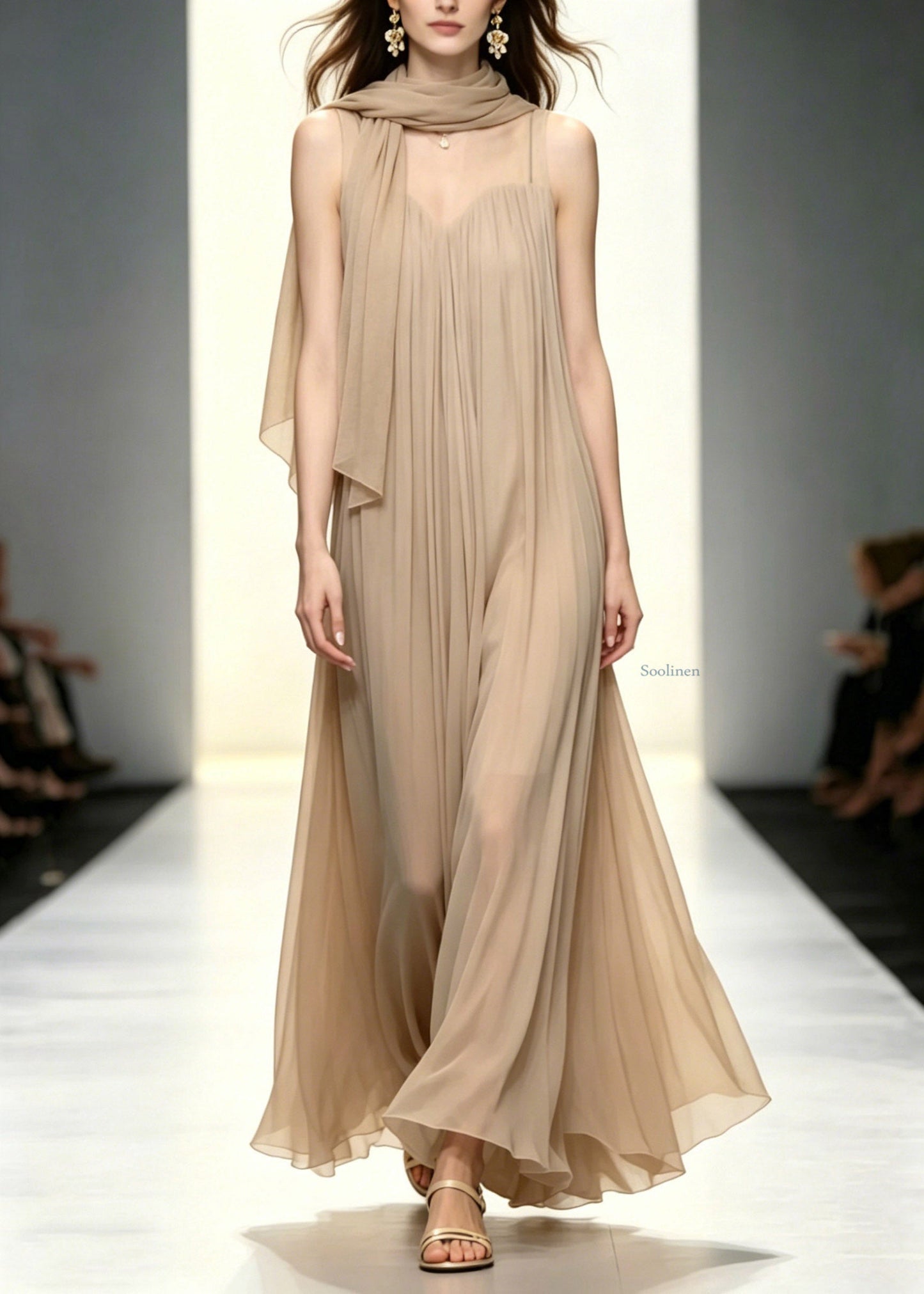 French Wrinkled Patchwork Vacation Long a Line Dresses Summer