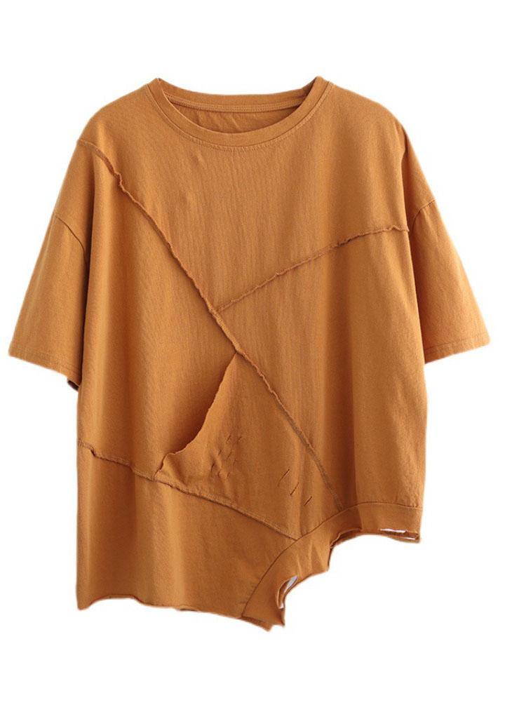 French Yellow Asymmetrical Design Hole Summer Patchwork Cotton Half Sleeve