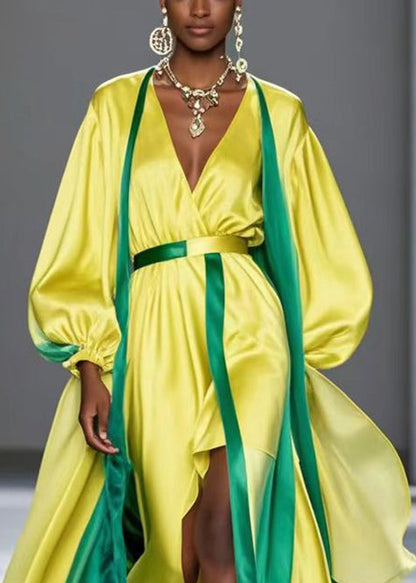 French Yellow Asymmetrical Patchwork Silk Suit