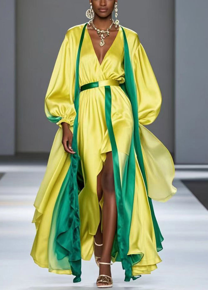 French Yellow Asymmetrical Patchwork Silk Suit