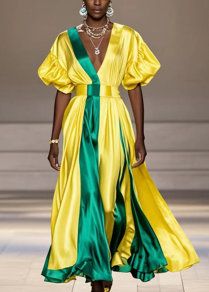 French Yellow Cinched Patchwork Exra Large Hem Silk Maxi Dresses Summer