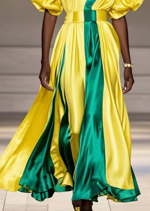 French Yellow Cinched Patchwork Exra Large Hem Silk Maxi Dresses Summer