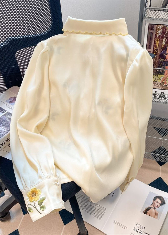 French Yellow Embroideried Patchwork Silk Shirt Tops Spring