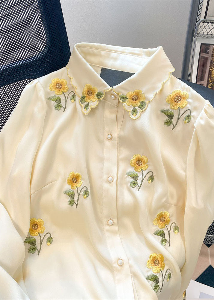 French Yellow Embroideried Patchwork Silk Shirt Tops Spring