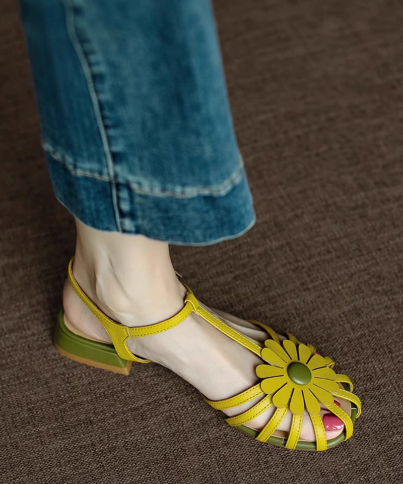 French Yellow Hollow Out Sandals Splicing Chunky