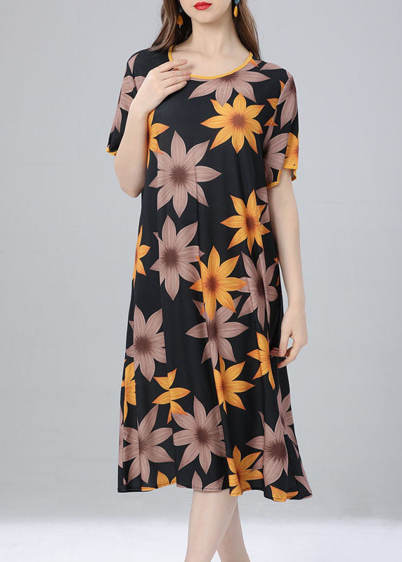French Yellow O Neck Patchwork Cotton Dress Summer