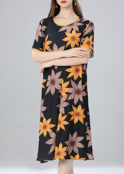 French Yellow O Neck Patchwork Cotton Dress Summer