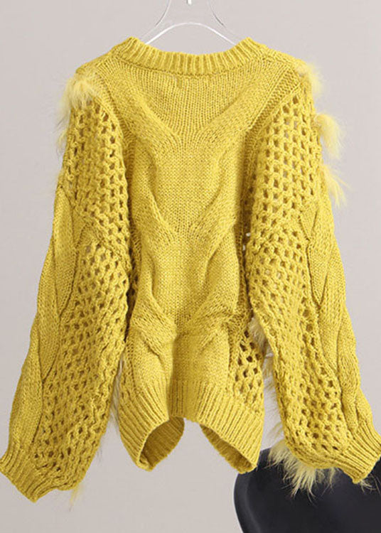 French Yellow O-neck Hole Patchwork Knit Pullover Spring