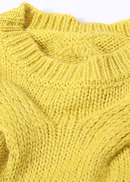 French Yellow O-neck Hole Patchwork Knit Pullover Spring