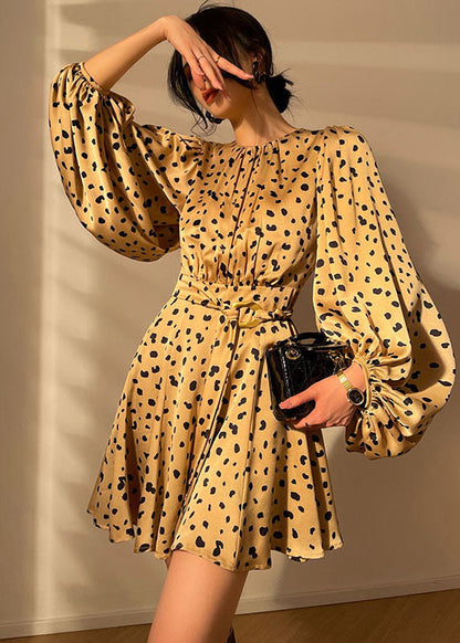 French Yellow O-neck Leopard Print Draping Silk Party Mid Dress Lantern Sleeve
