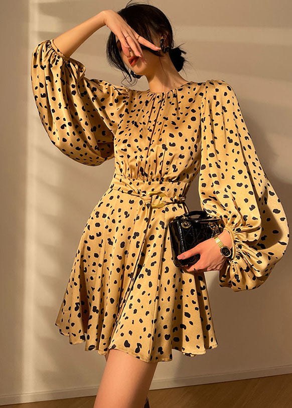 French Yellow O-neck Leopard Print Draping Silk Party Mid Dress Lantern Sleeve