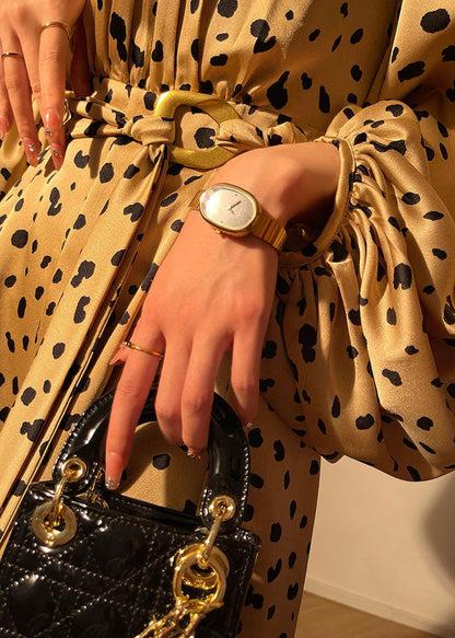 French Yellow O-neck Leopard Print Draping Silk Party Mid Dress Lantern Sleeve