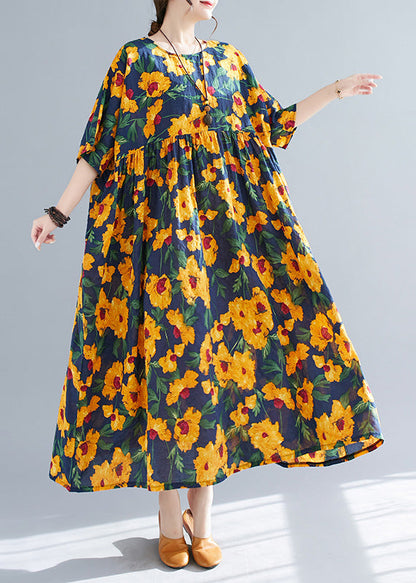 French Yellow O-neck Print Cotton Long Dresses Short Sleeve