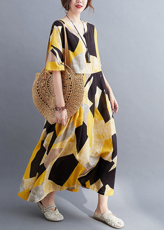 French Yellow O-neck Print Exra Large Hem Cotton Cinch Long Dress Short Sleeve