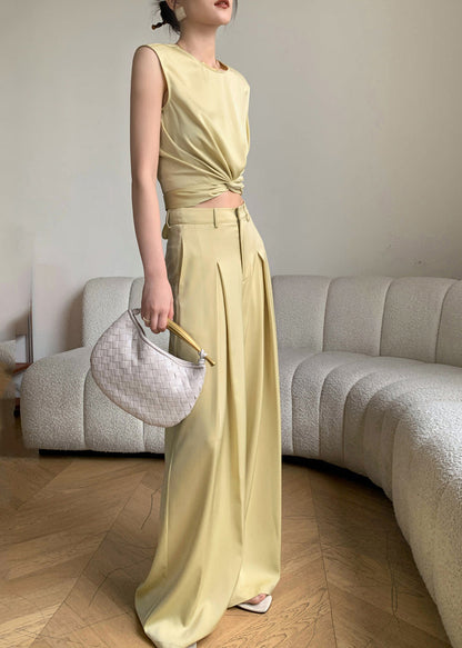 French Yellow O-neck Silk Top and Wide Leg Pants Two Pieces Set Sleeveless