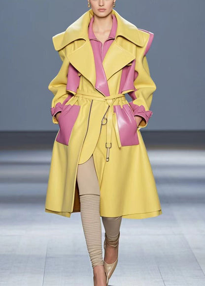French Yellow Peter Pan Collar Patchwork Pu Woolen Coat Fall