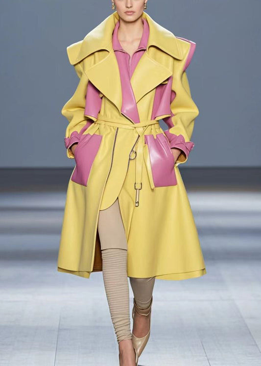 French Yellow Peter Pan Collar Patchwork Pu Woolen Coat Fall