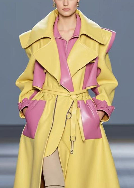 French Yellow Peter Pan Collar Patchwork Pu Woolen Coat Fall