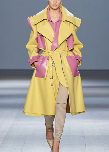 French Yellow Peter Pan Collar Patchwork Pu Woolen Coat Fall