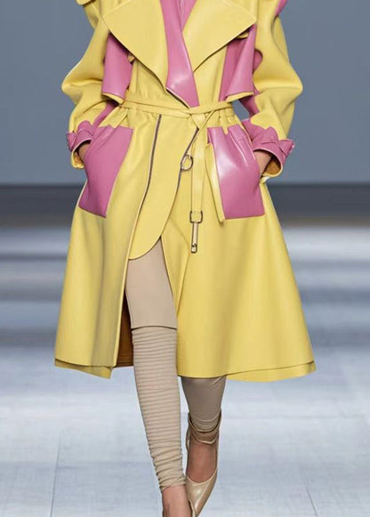 French Yellow Peter Pan Collar Patchwork Pu Woolen Coat Fall