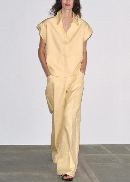 French Yellow Peter Pan Collar Tops and Pants Cotton Two Pieces Set Summer