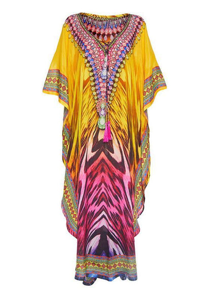 French Yellow Print Beach Gown Summer Dress